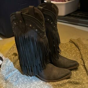 Beautiful leather long fringe studded, braided boots size 9